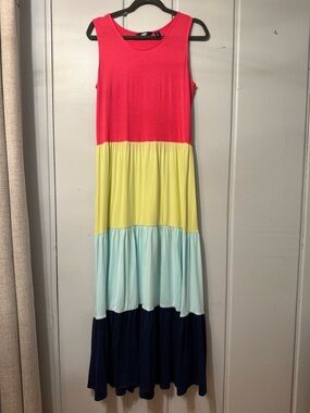 Women’s Colorblock Sleeveless Tiered Maxi Dress - Pink, Yellow, Teal, Navy